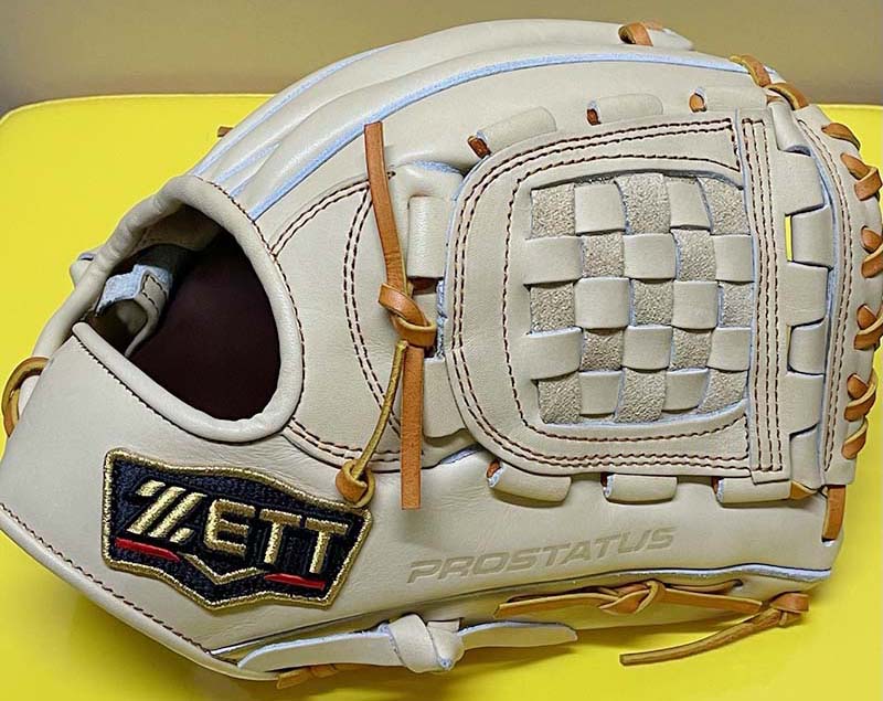 【ZETT／ゼット】硬式野球用グラブ・グローブ（プロステータス・源田モデル・内野手用・セカンド・ショート）BPROG560・パールブラウン✕オークブラウン・側面・ウェブ・ゼットロゴ